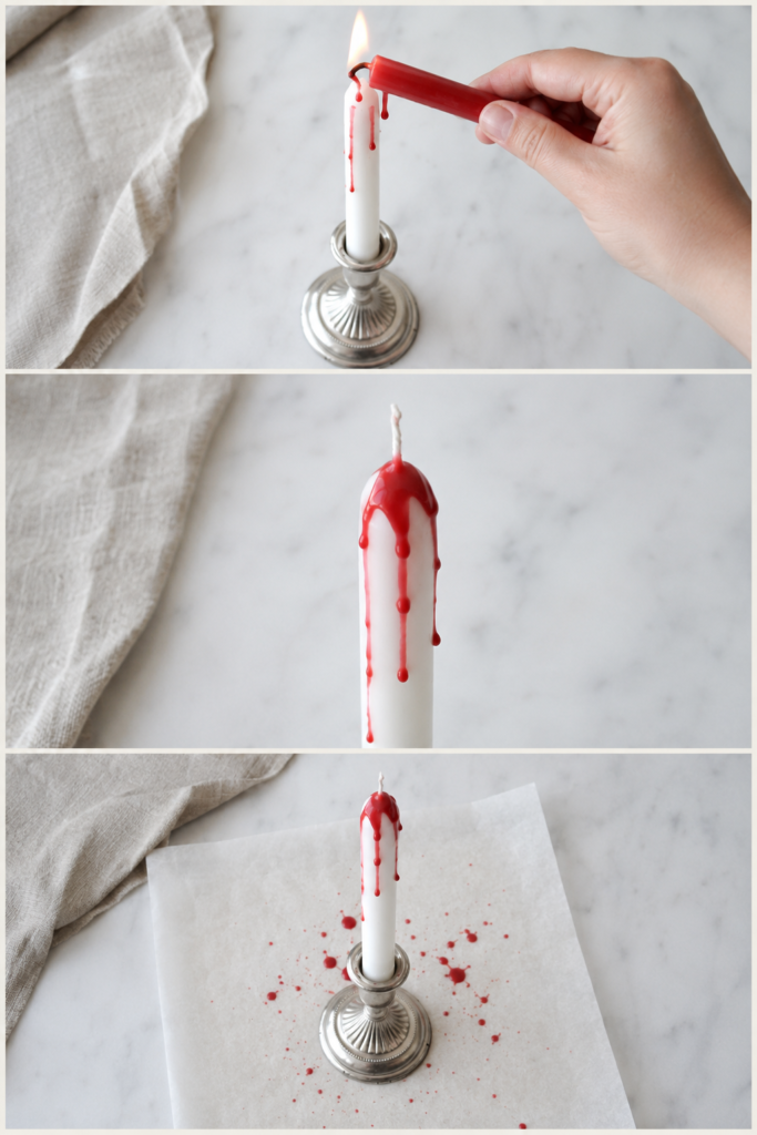 Three-step collage showing red candle wax being dripped over a white taper candle to make DIY bloody Halloween candles.