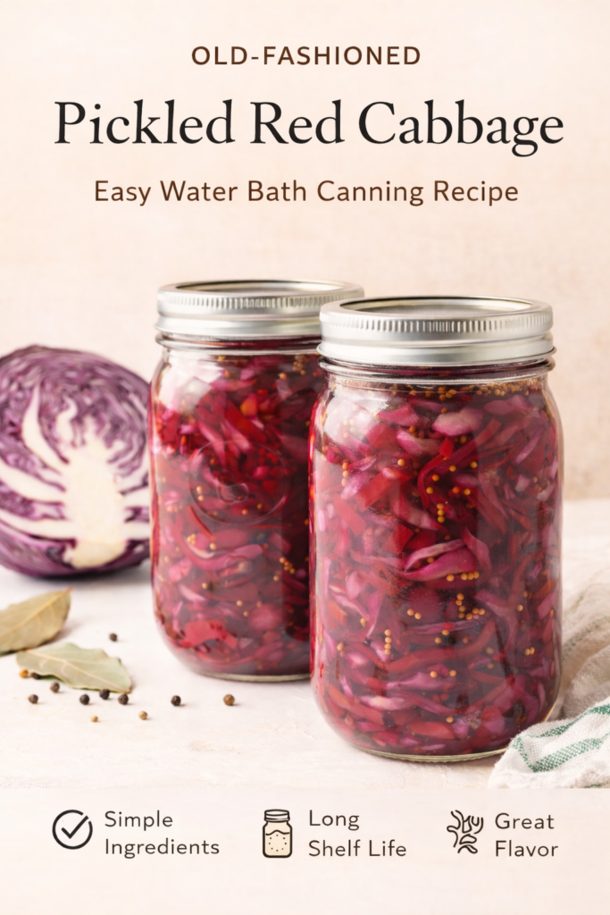 Two mason jars filled with old-fashioned pickled red cabbage in spiced vinegar brine on a light neutral background with mustard seeds and bay leaves.