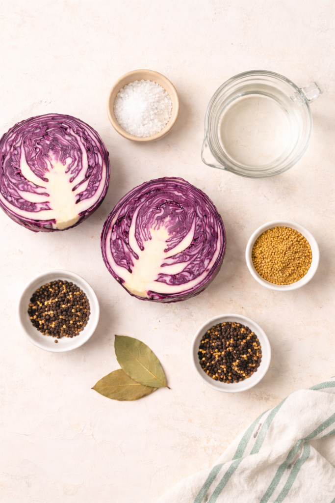 Flat lay of ingredients for pickled red cabbage including red cabbage, sea salt, white vinegar, mustard seeds, peppercorns, and bay leaves on a light neutral background.