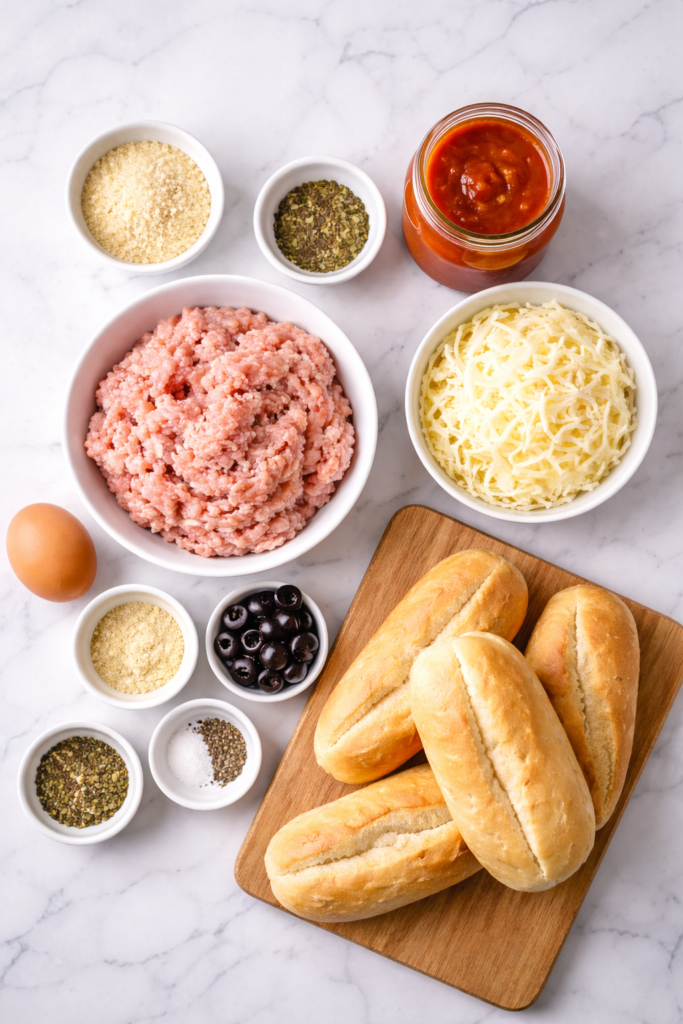 Flat lay of ingredients for spooky turkey meatball sandwiches on a white marble background including ground turkey, marinara sauce, mozzarella, breadcrumbs, egg, herbs, and sandwich rolls.