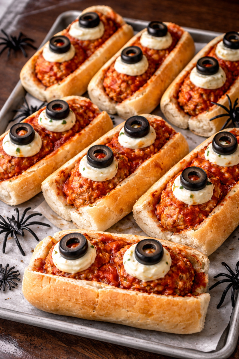 Tray of spooky turkey meatball sandwiches topped with mozzarella and olive eyeballs with plastic spiders for a Halloween party dinner idea.