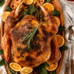 Golden roasted Thanksgiving turkey on a wooden serving platter with citrus slices, rosemary, and pomegranate seeds on a white marble countertop.