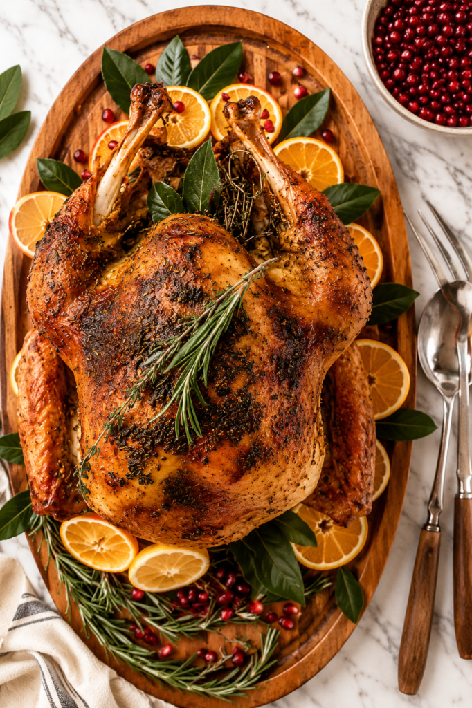 Golden roasted Thanksgiving turkey on a wooden serving platter with citrus slices, rosemary, and pomegranate seeds on a white marble countertop.
