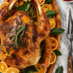 Golden brown roasted Thanksgiving turkey on a wooden platter with citrus slices, rosemary, bay leaves, and pomegranate seeds on a white marble countertop.
