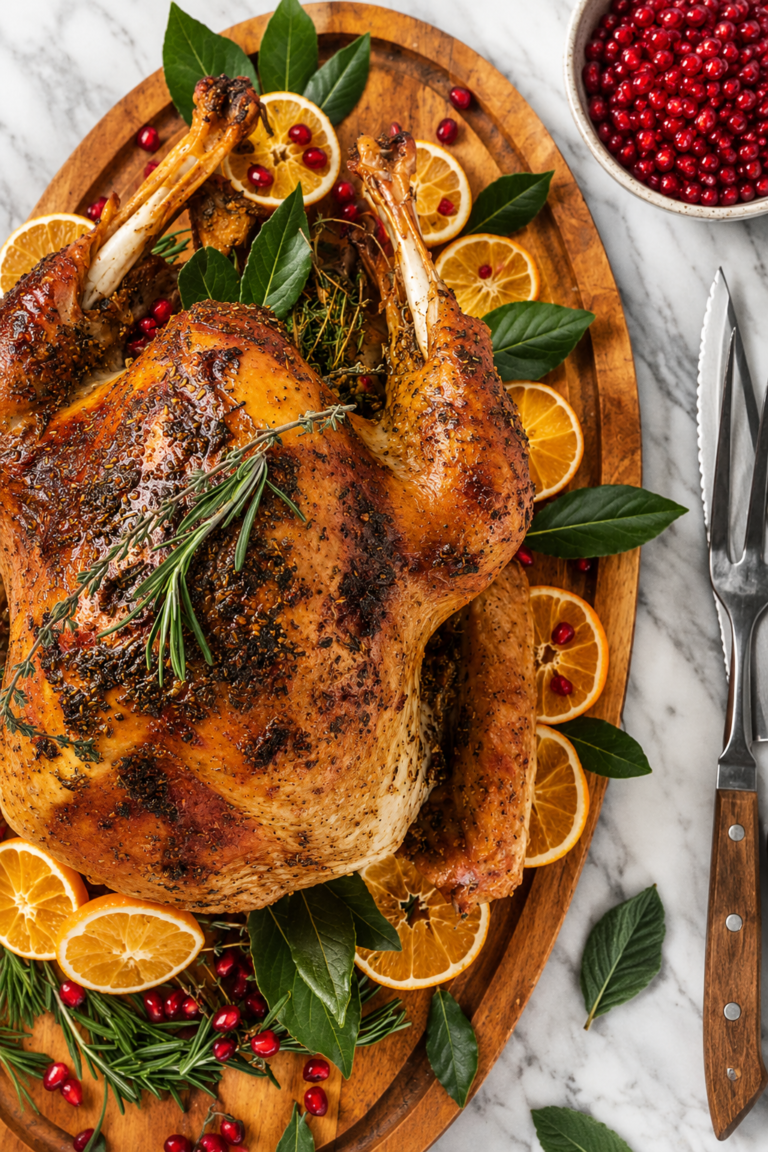 Golden brown roasted Thanksgiving turkey on a wooden platter with citrus slices, rosemary, bay leaves, and pomegranate seeds on a white marble countertop.