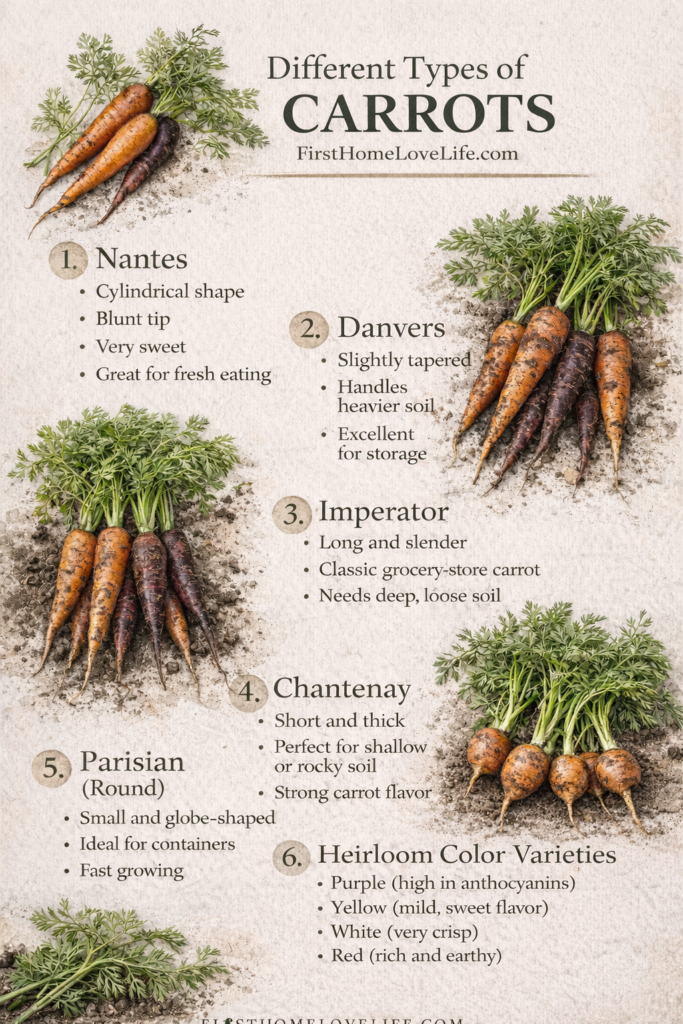 Different types of carrots infographic showing Nantes, Danvers, Imperator, Chantenay, Parisian, and heirloom color varieties