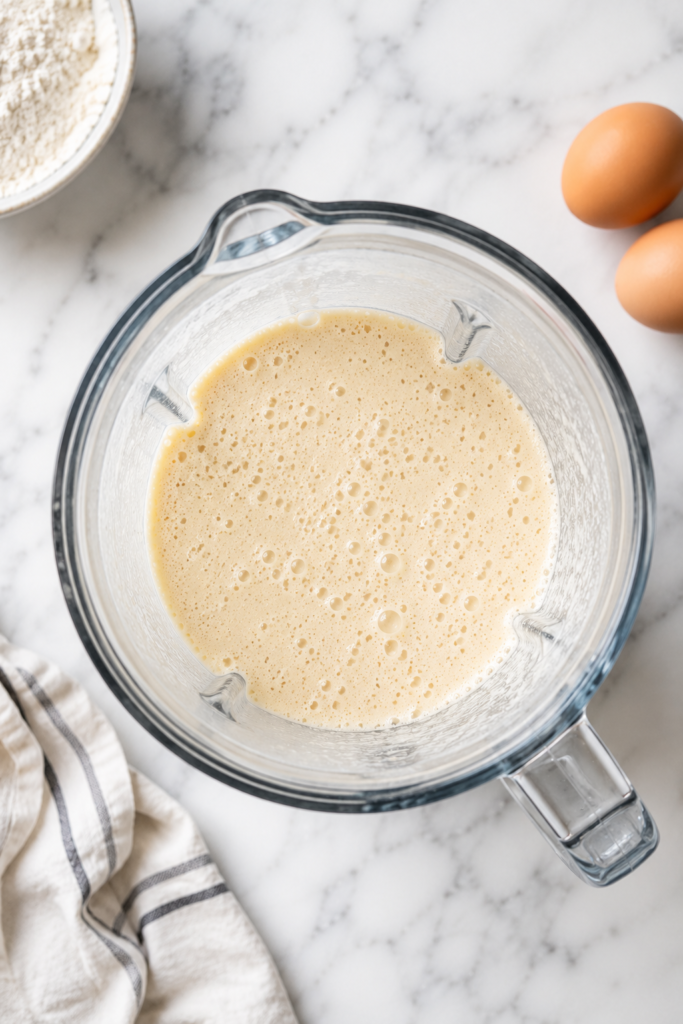 Bird's-eye view of homemade crepe batter blending in a blender on a white marble countertop with flour, eggs, and baking ingredients nearby.