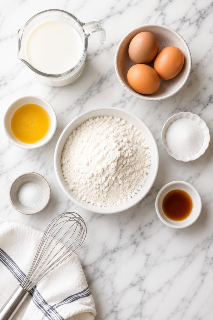 Flat lay of ingredients for homemade crepes including flour, eggs, milk, butter, sugar, vanilla, and salt arranged on a white marble countertop.