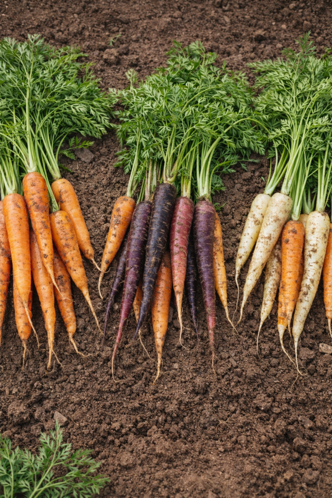 Freshly harvested heirloom carrots with soil still on them arranged on garden dirt
