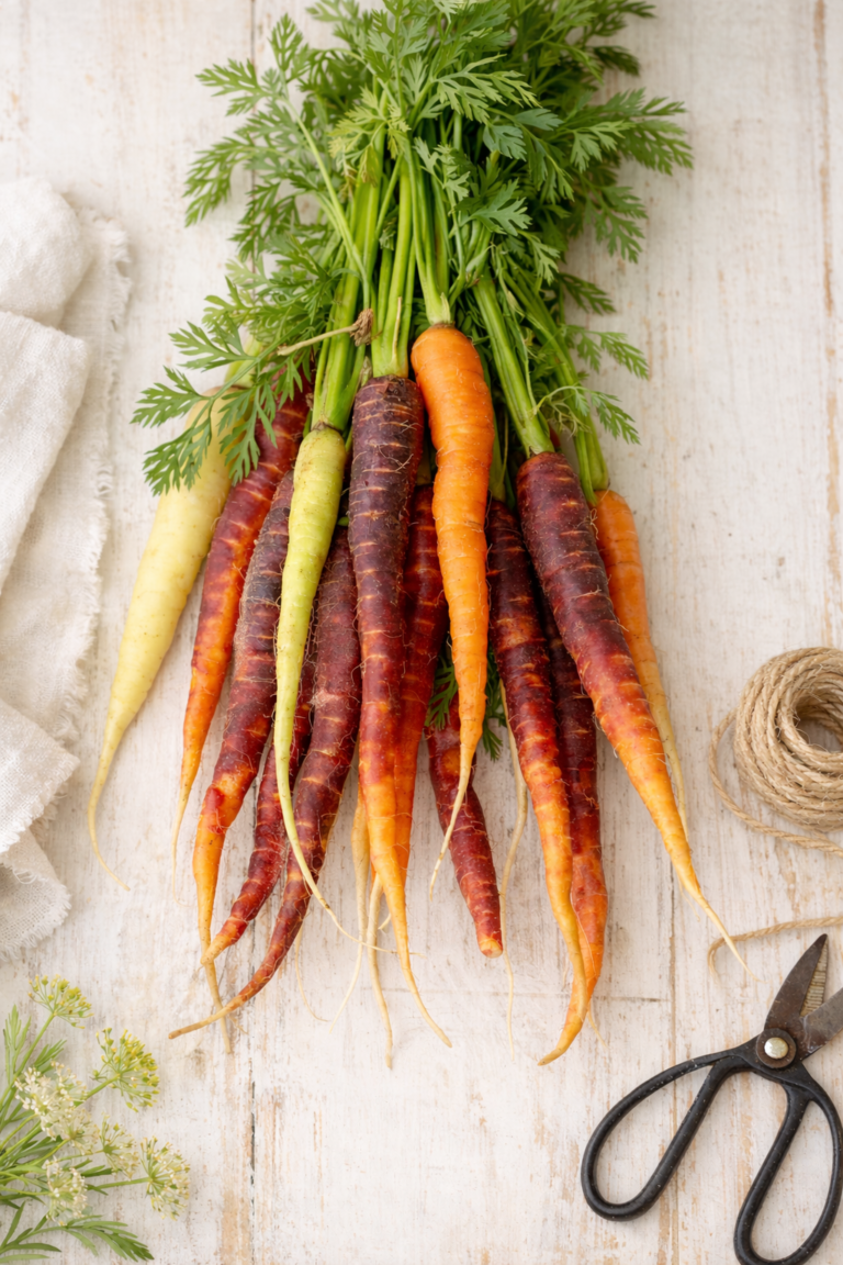 Homegrown purple, orange, and yellow heirloom carrots with leafy greens styled on a rustic white background