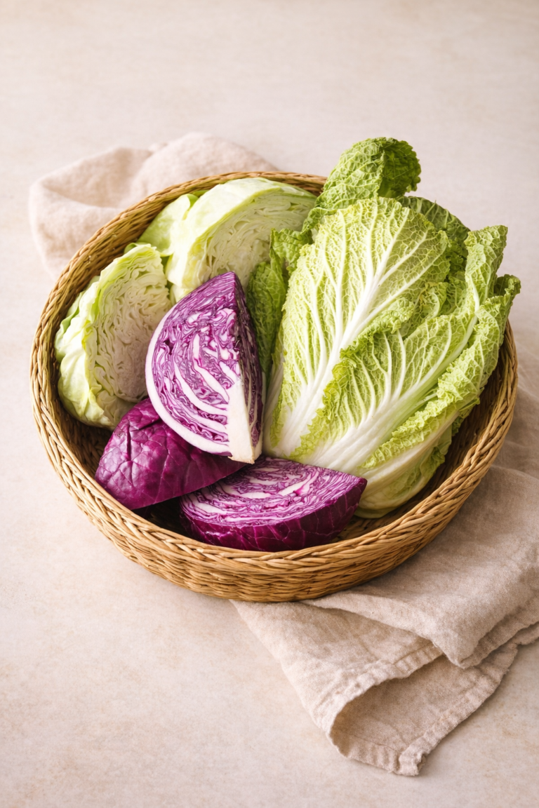 Basket filled with green, red, and Napa cabbage on an off-white surface with soft beige linen, styled for a home vegetable gardening post.