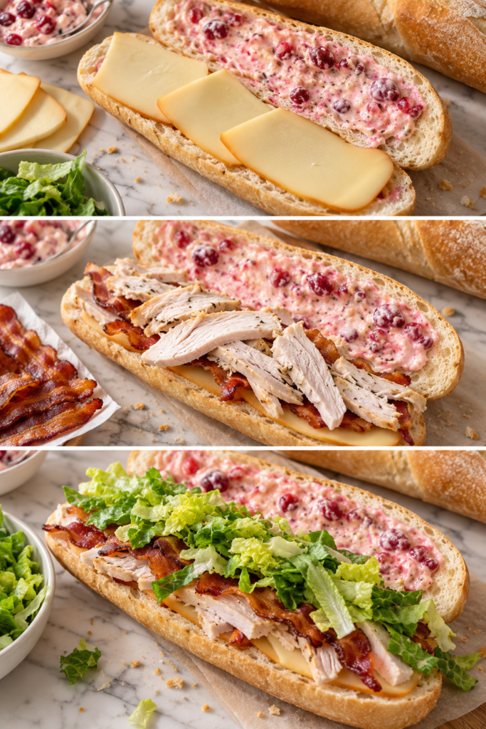 Three step-by-step photos showing a leftover turkey sandwich being assembled with cranberry mayonnaise, smoked Gouda cheese, sliced turkey, crispy bacon, and romaine lettuce on a hoagie roll.