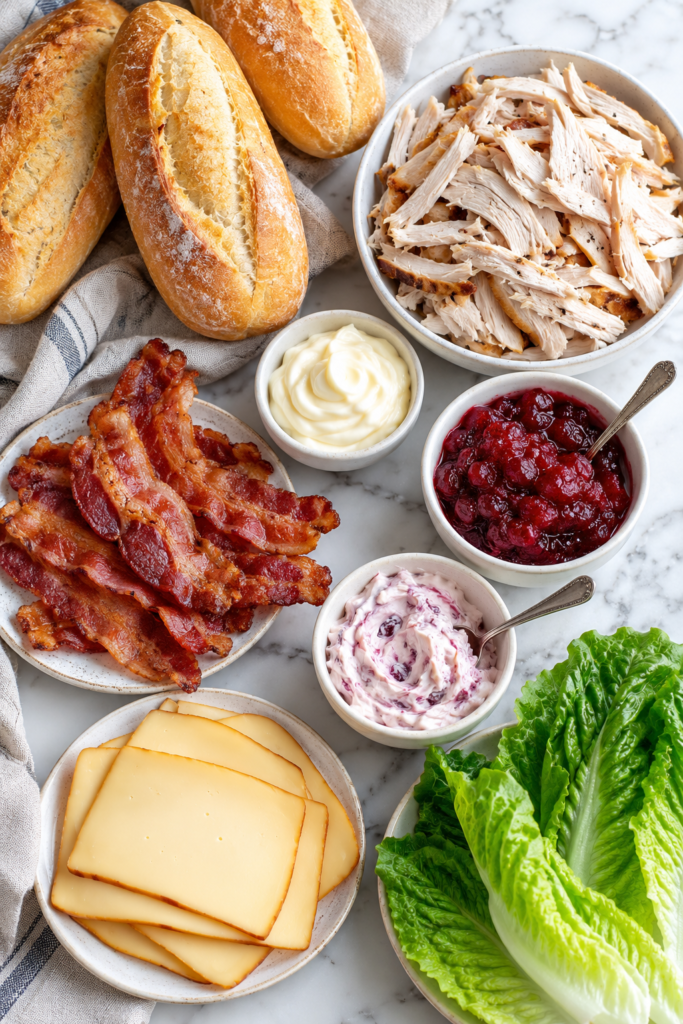 Overhead flat lay of leftover turkey sandwich ingredients including roasted turkey, crispy bacon, smoked Gouda, cranberry relish, mayonnaise, hoagie rolls, and romaine lettuce.
