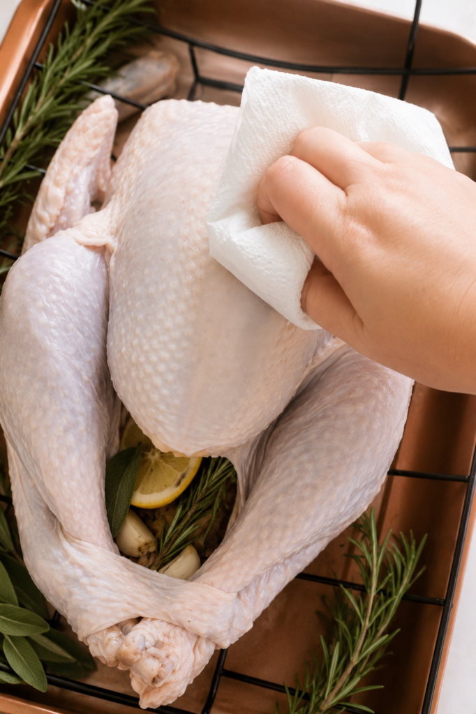 Patting a raw turkey dry with paper towels before roasting to create crispy golden Thanksgiving turkey skin.