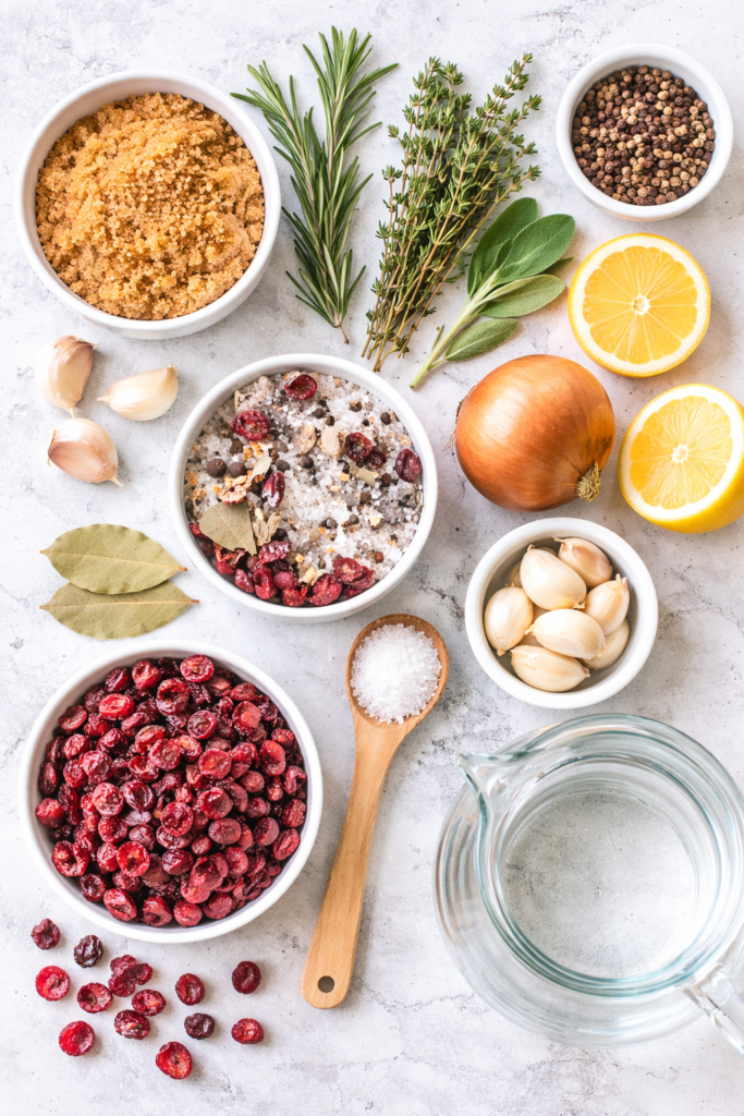 Flat lay of turkey brine ingredients including cranberries, garlic, lemon, herbs, salt, peppercorns, and brown sugar on a marble countertop