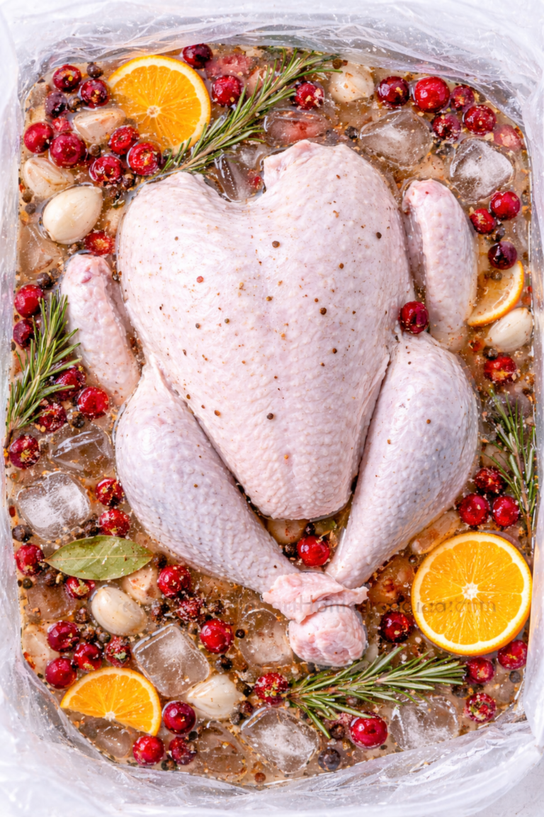Whole raw turkey submerged in a brining bag with cranberries, orange slices, herbs, garlic, and ice from a bird’s eye view