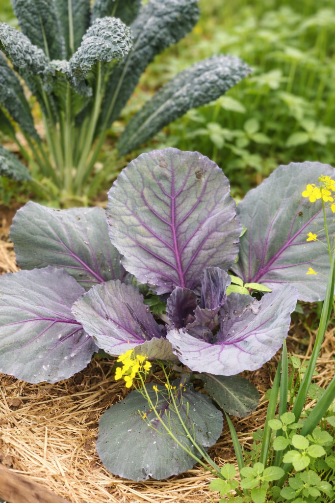 Red cabbage plant with purple veins growing in a raised garden bed with kale and companion plants in a Zone 5 vegetable garden.