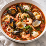 Zuppa di pesce with shrimp, mussels, clams, calamari, and white fish in tomato broth, garnished with parsley in a white bowl.