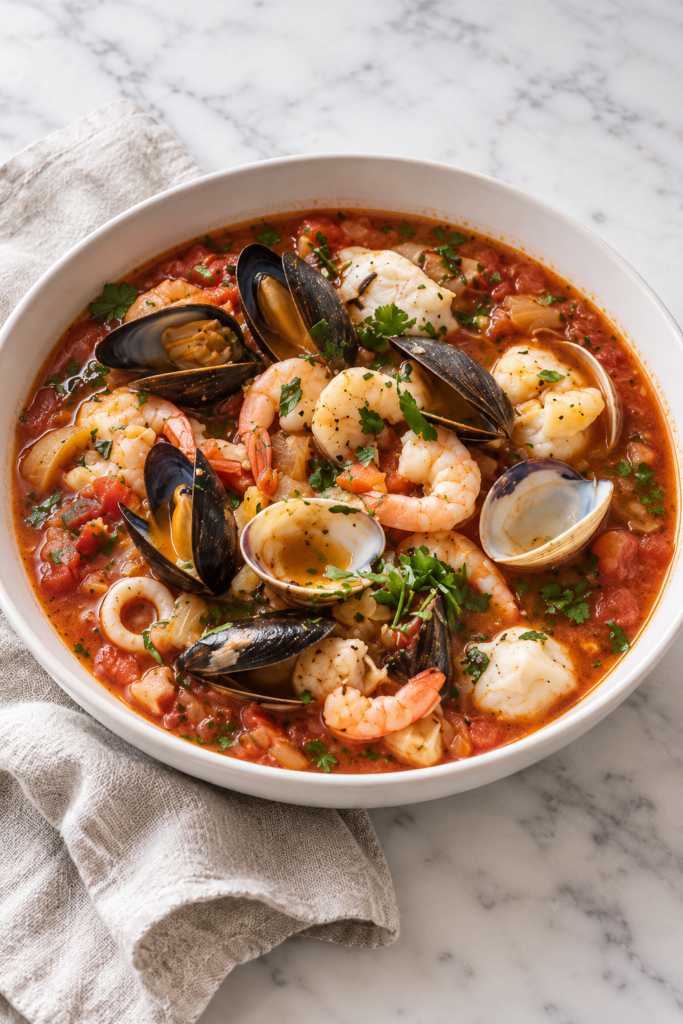 Zuppa di pesce with shrimp, mussels, clams, calamari, and white fish in tomato broth, garnished with parsley in a white bowl.