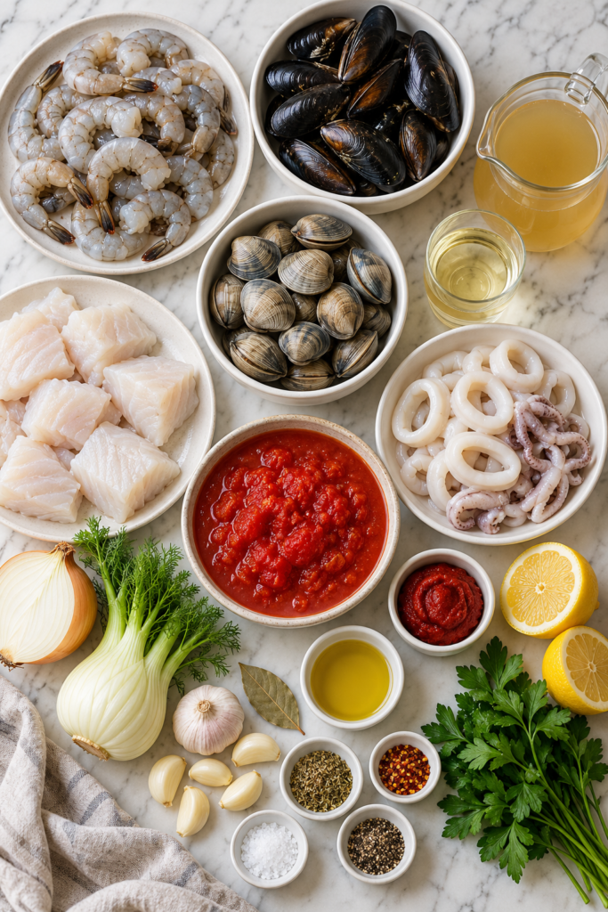 Zuppa di pesce ingredients arranged on marble, including raw shrimp, mussels, clams, cod, calamari, tomatoes, fennel, garlic, and herbs.