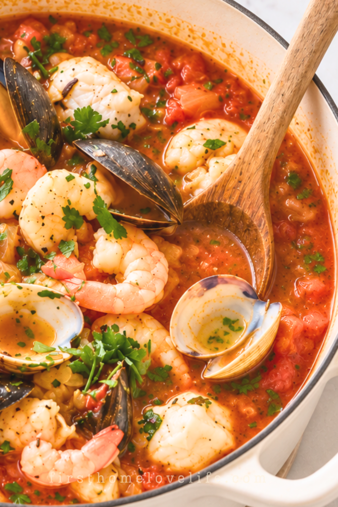 Zuppa di pesce with shrimp, mussels, clams, calamari, and white fish in tomato broth in a white Dutch oven with a wooden spoon.