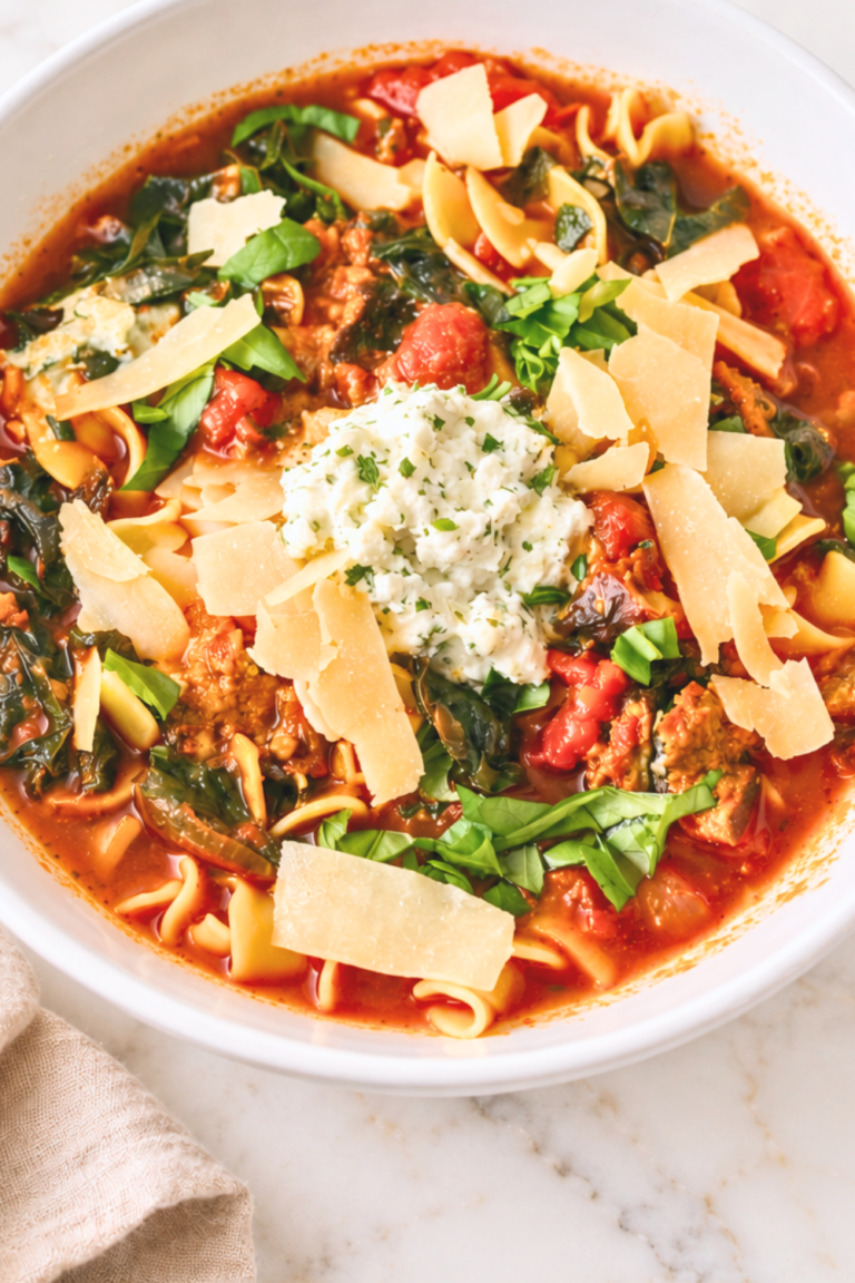 Lasagna soup with Italian sausage, egg noodles, spinach, herbed ricotta, and shaved Parmesan in a white bowl on pale marble.