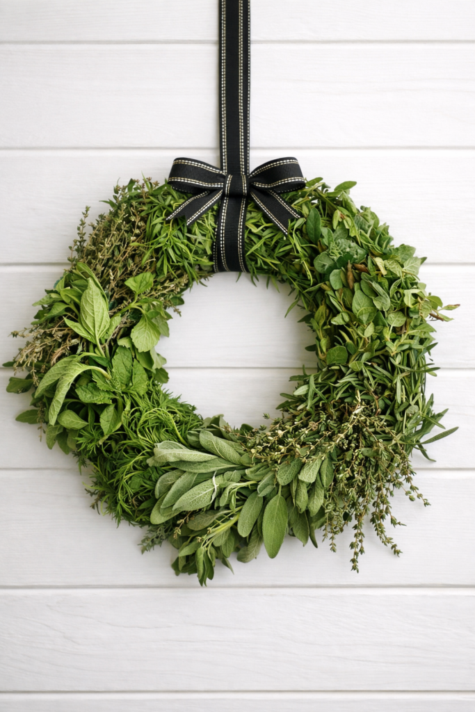 DIY fresh herb wreath hanging on a white wall with rosemary, sage, and thyme arranged in a simple, natural kitchen decor style.