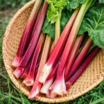 Freshly harvested rhubarb stalks in a woven basket with green leaves in a backyard garden