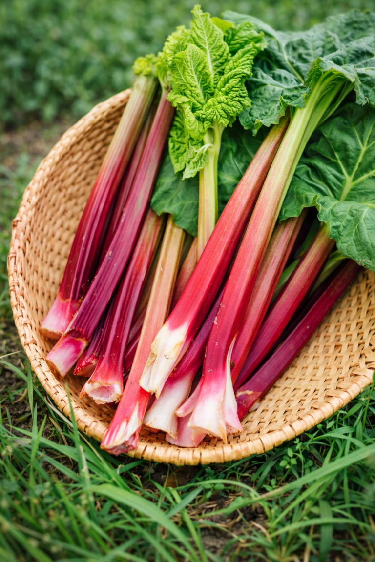 Freshly harvested rhubarb stalks in a woven basket with green leaves in a backyard garden
