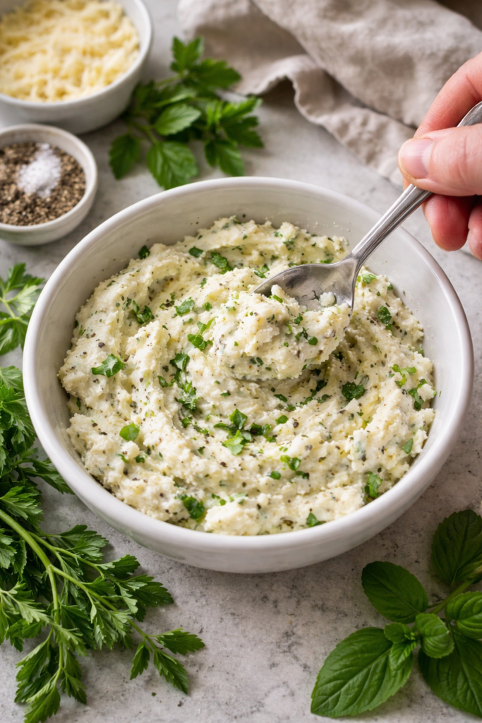 Hand mixing herbed ricotta cheese with fresh basil, parsley, parmesan, salt, and pepper in a white bowl on a light marble countertop.