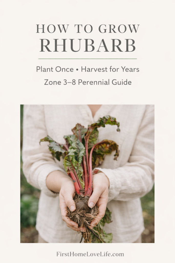 Woman holding freshly harvested rhubarb crown with roots for a how to grow rhubarb perennial gardening guide.