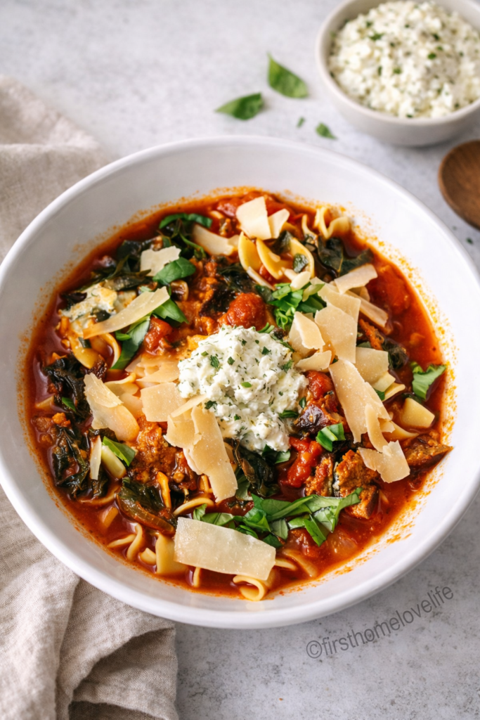 Bowl of lasagna soup topped with herbed ricotta, shaved parmesan, fresh basil, Italian sausage, egg noodles, and tomato broth on a light marble countertop.
