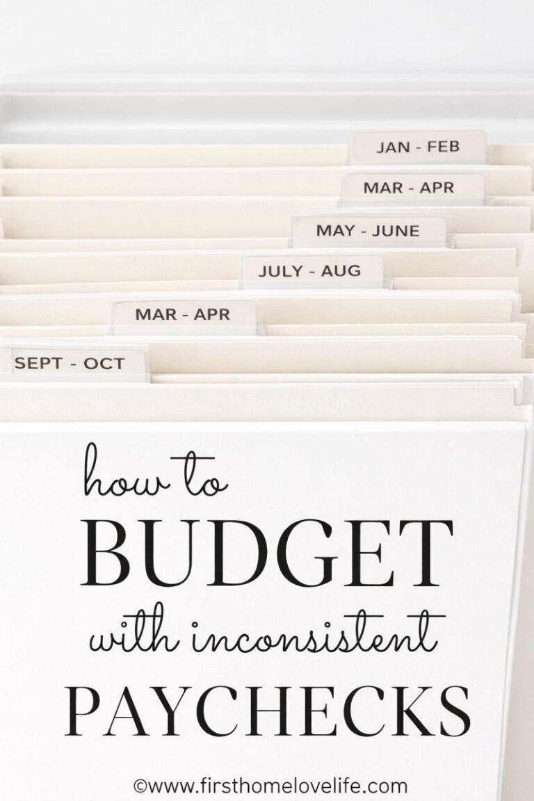 Neutral budget organization system showing monthly file folders labeled January through December with text overlay “How to Budget with Inconsistent Paychecks” for irregular income budgeting tips.