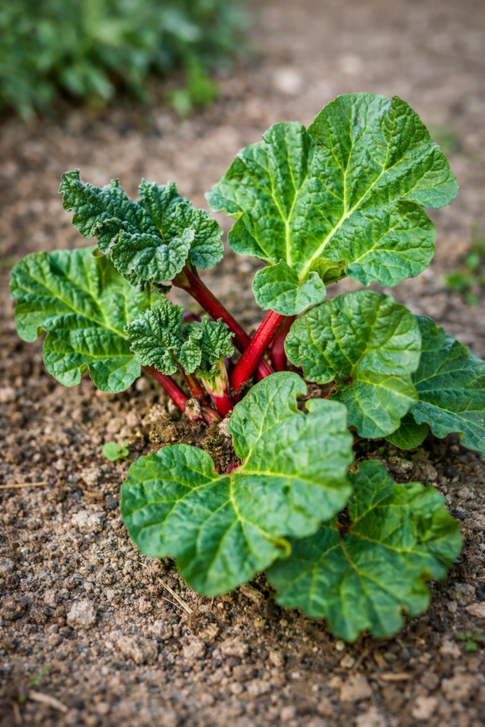 Young rhubarb plant growing in garden soil with bright green leaves and red stalks in early spring