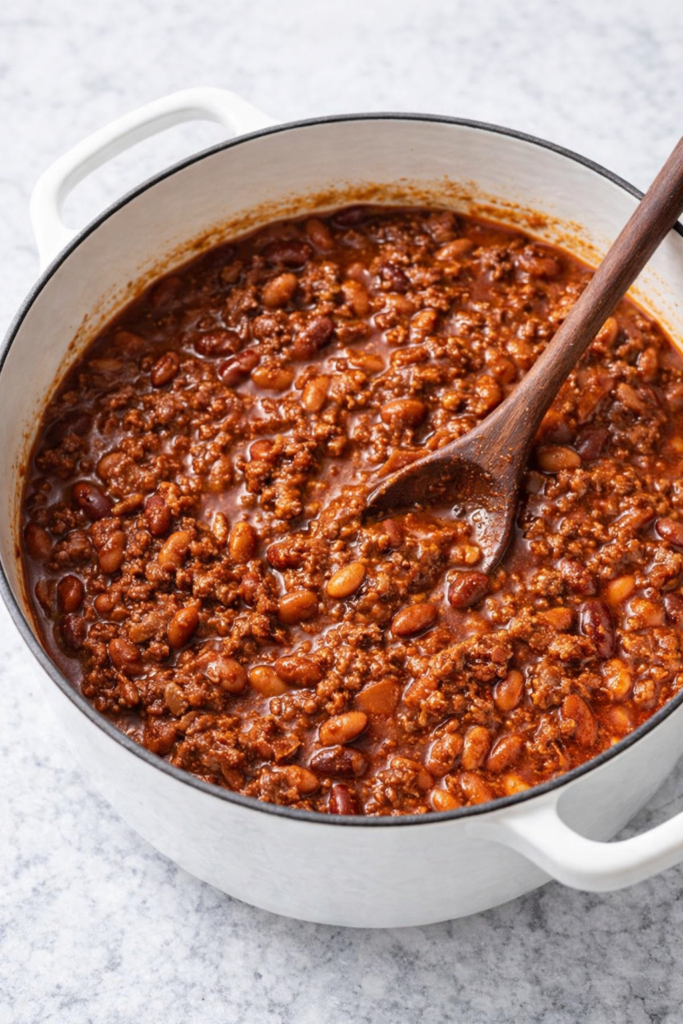 Hearty homemade chili with ground beef and beans in a white Dutch oven on a marble countertop