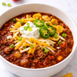 Homemade chili topped with sour cream, shredded cheese, jalapeños, green onions, and Fritos in a white bowl on a marble countertop