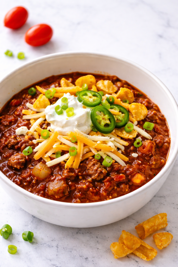 Homemade chili topped with sour cream, shredded cheese, jalapeños, green onions, and Fritos in a white bowl on a marble countertop