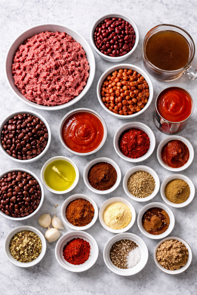 Flat lay of ingredients for homemade chili including ground beef, beans, tomatoes, garlic, onion, and spices on a marble countertop