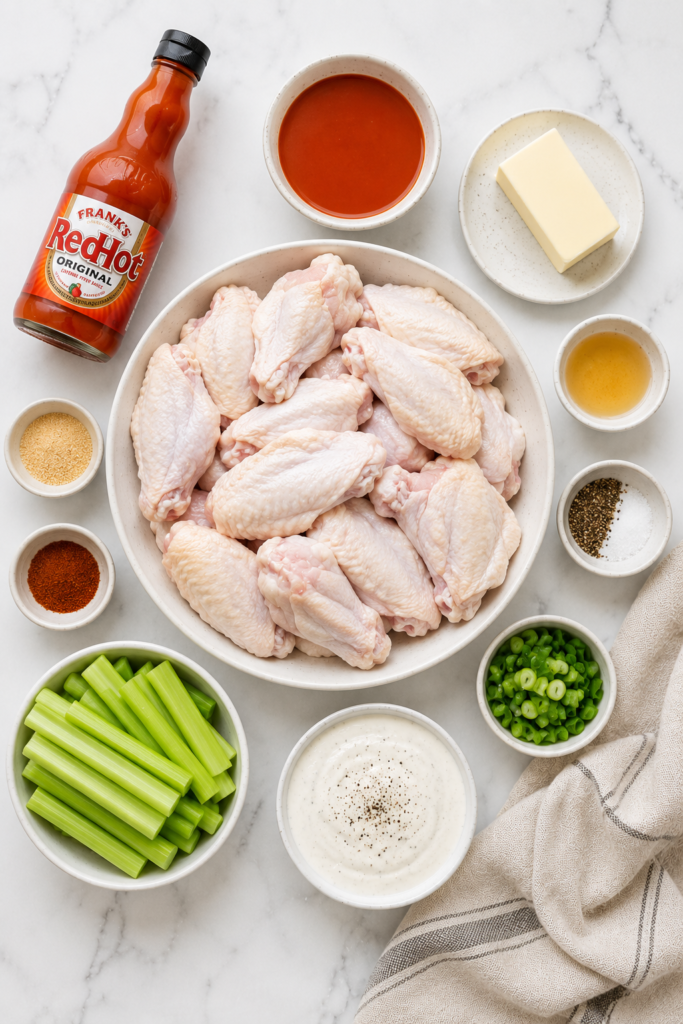 Flat lay of ingredients for crispy baked buffalo chicken wings including raw chicken wings, hot sauce, butter, celery sticks, ranch dressing, green onions, garlic powder, cayenne pepper, salt, and black pepper arranged on a white marble countertop.