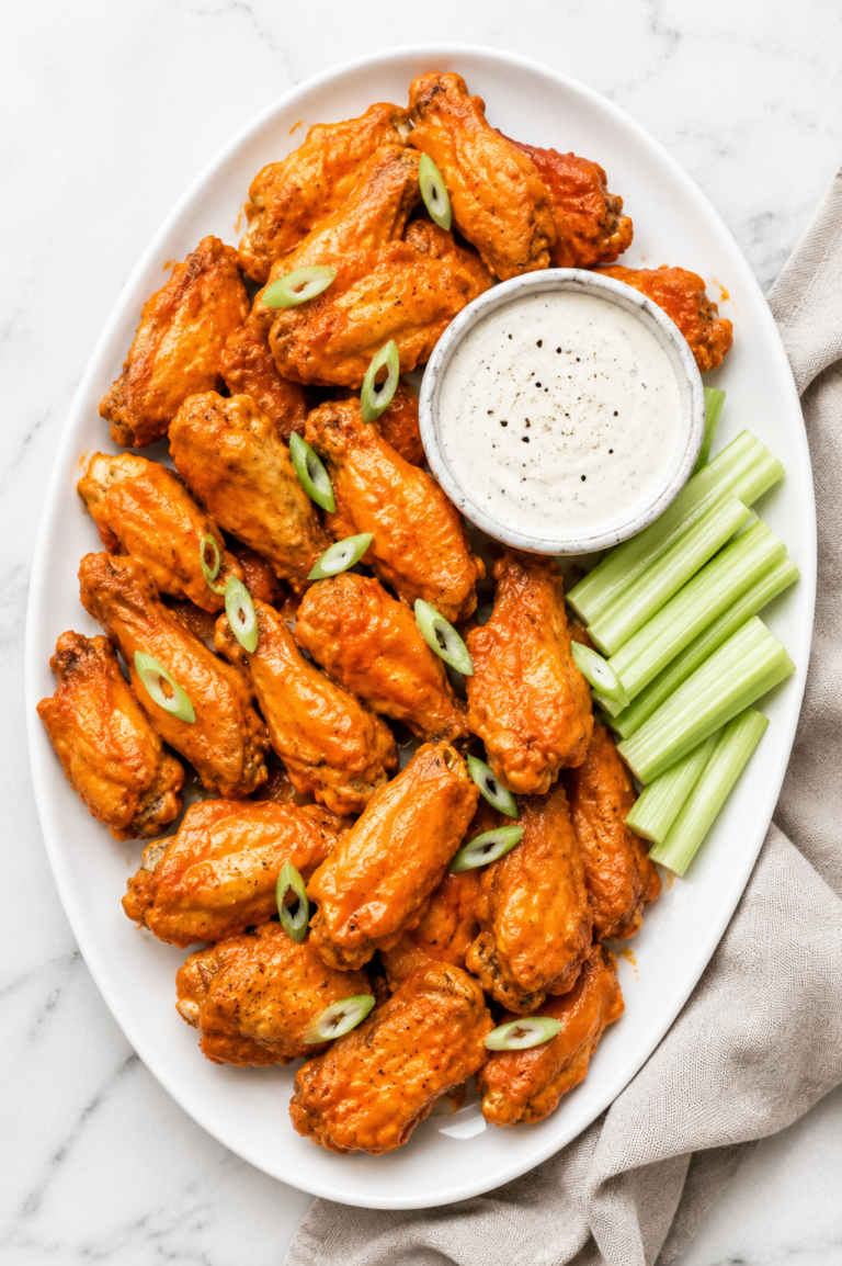 Crispy baked buffalo chicken wings coated in homemade buffalo sauce and served on a white oval platter with celery sticks and ranch dressing on a white marble countertop.