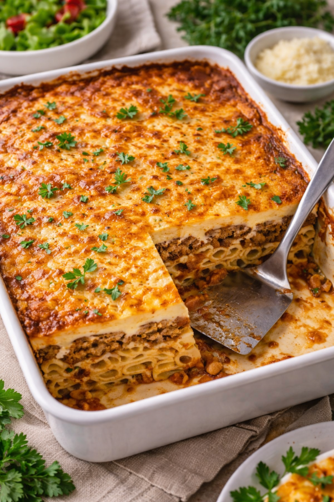 Greek pastitsio baked in a white casserole dish with a slice removed, showing layers of pasta, spiced meat sauce, and creamy béchamel