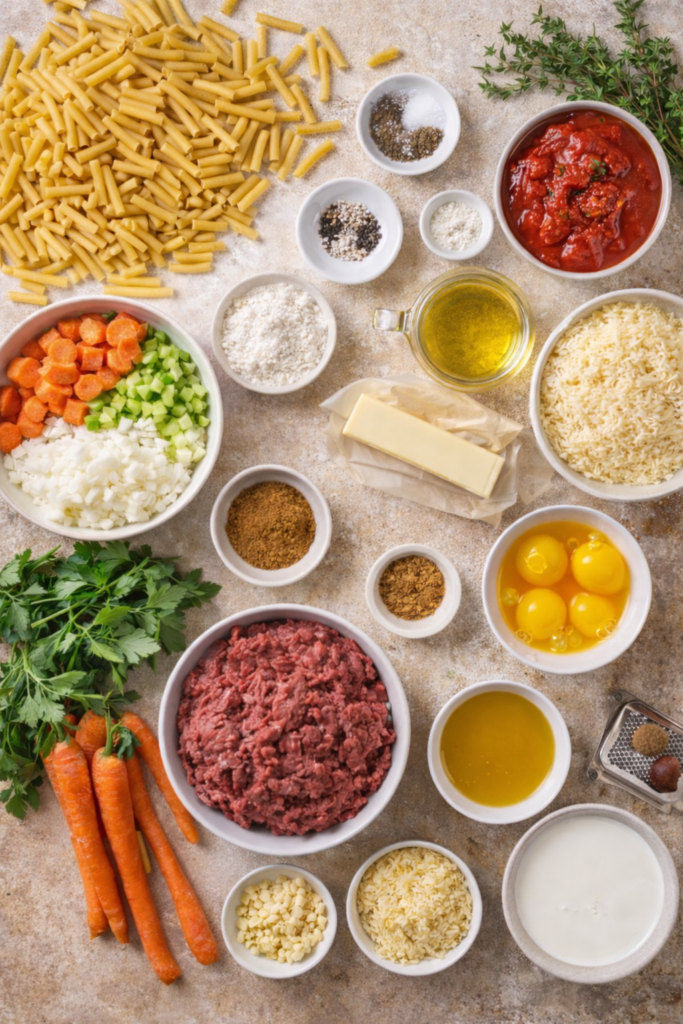Flat lay of ingredients for Greek pastitsio including pasta, ground beef, eggs, cheese, vegetables, herbs, and spices on a neutral surface