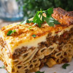 Greek pastitsio slice layered with pasta, cinnamon-spiced beef, and creamy béchamel sauce on a white plate
