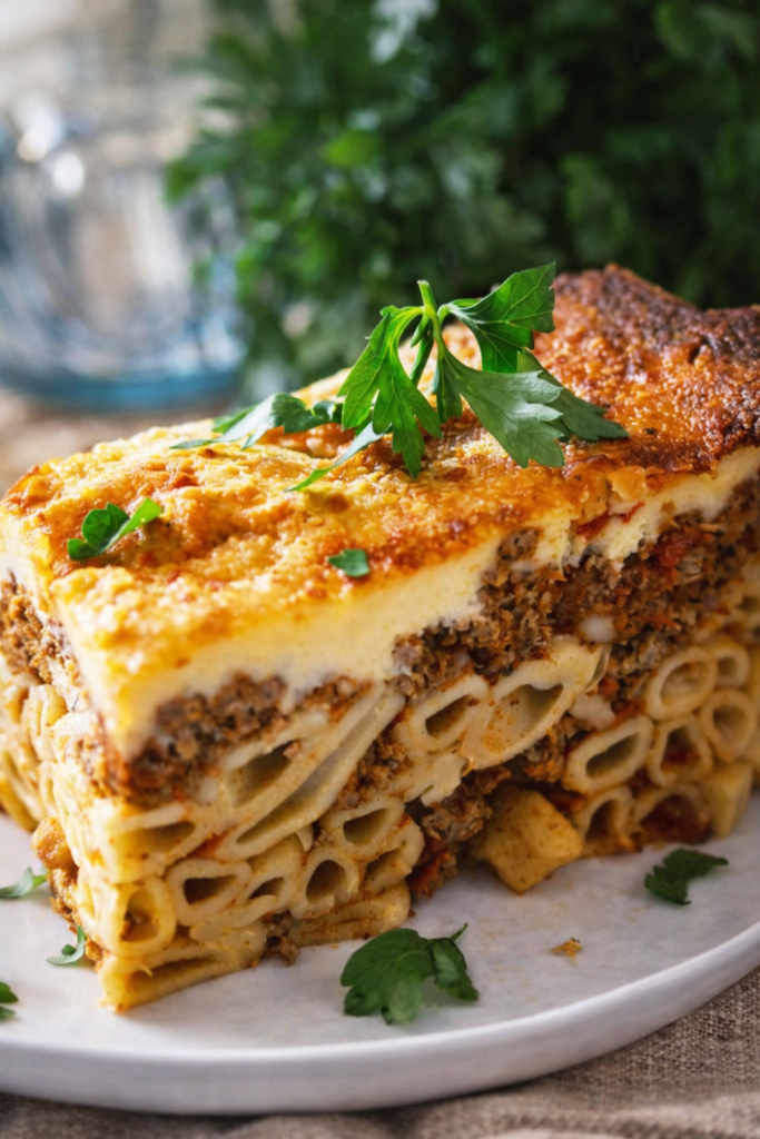 Greek pastitsio slice layered with pasta, cinnamon-spiced beef, and creamy béchamel sauce on a white plate