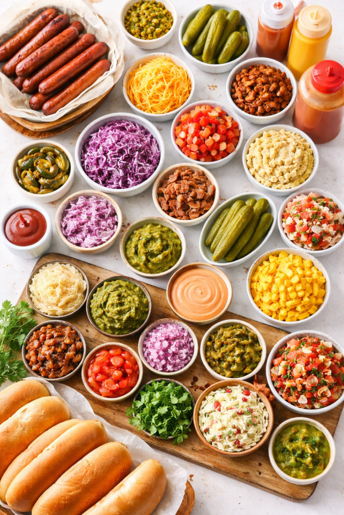 A bright flat lay of hot dog bar ingredients including hot dogs, buns, chopped onions, shredded cheese, pickles, slaw, sauces, and classic hot dog toppings.