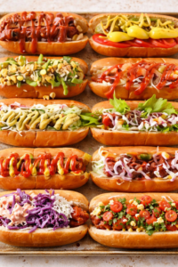 A vertical overhead photo of gourmet hot dogs arranged in rows, each topped with different colorful hot dog toppings like chili, mustard, slaw, tomatoes, and fresh herbs.