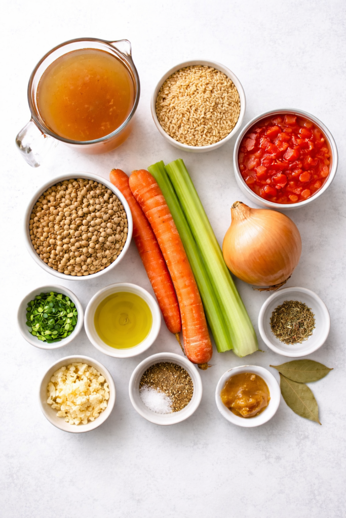 Flat lay of lentil and brown rice soup ingredients including lentils, brown rice, carrots, celery, onion, garlic, tomatoes, broth, olive oil, and seasonings on a light background.