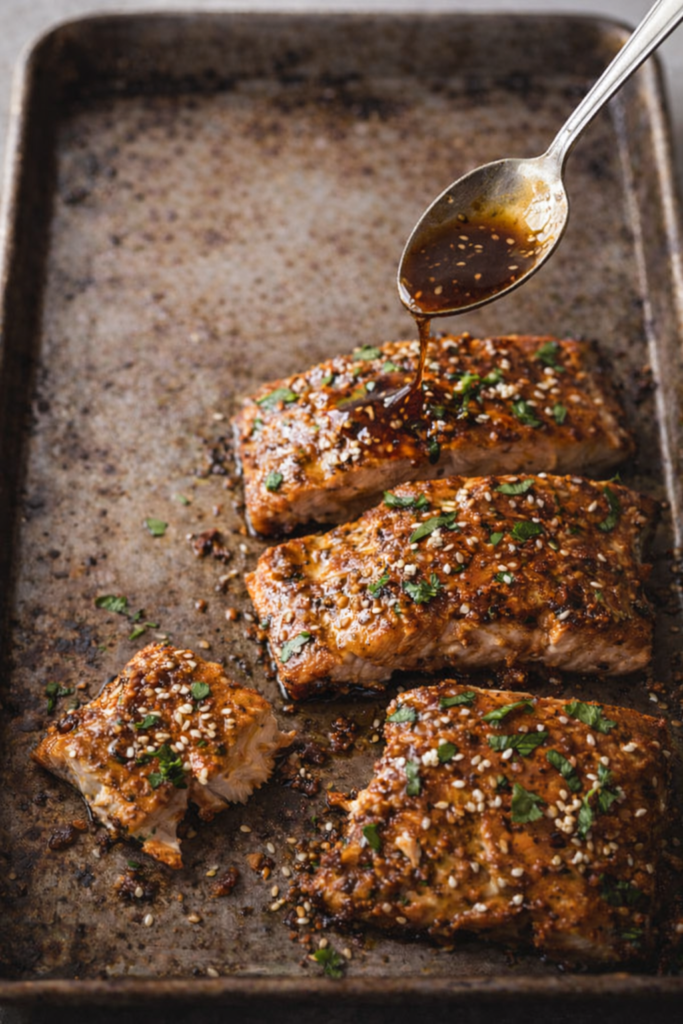 Teriyaki glazed salmon fillets on a well used baking sheet with sauce being spooned over the top
