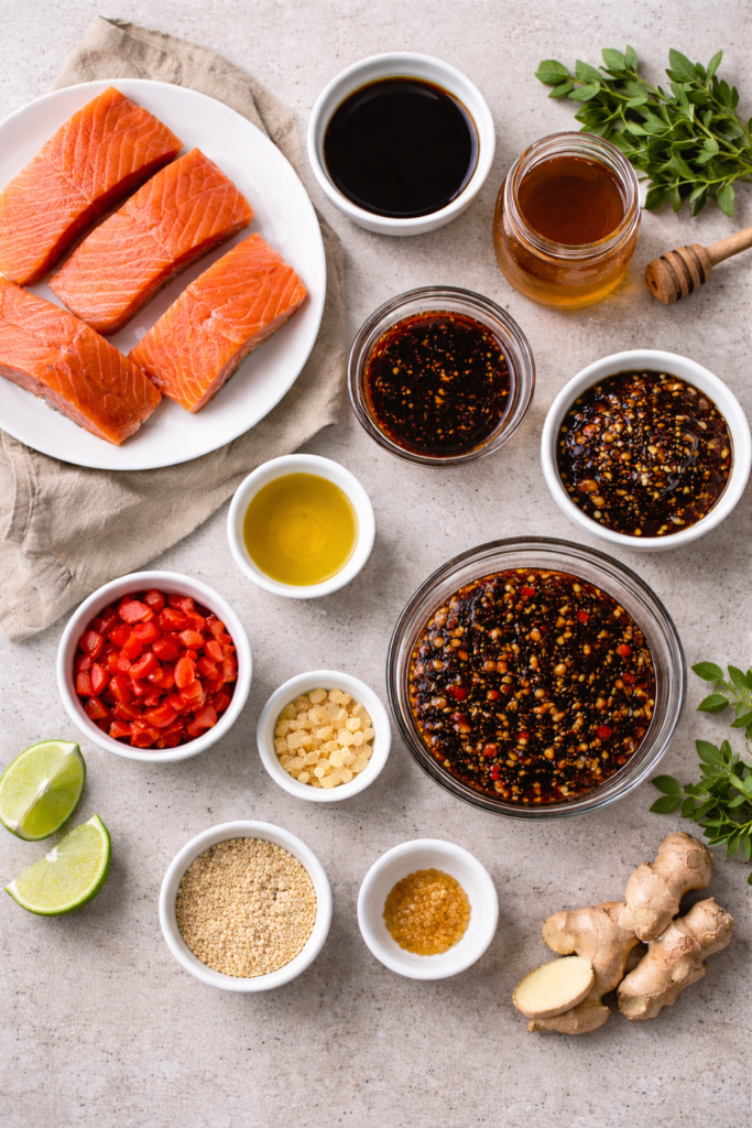 Flat lay of ingredients for teriyaki salmon including fresh salmon fillets, soy sauce, honey, garlic, ginger, and sesame seeds