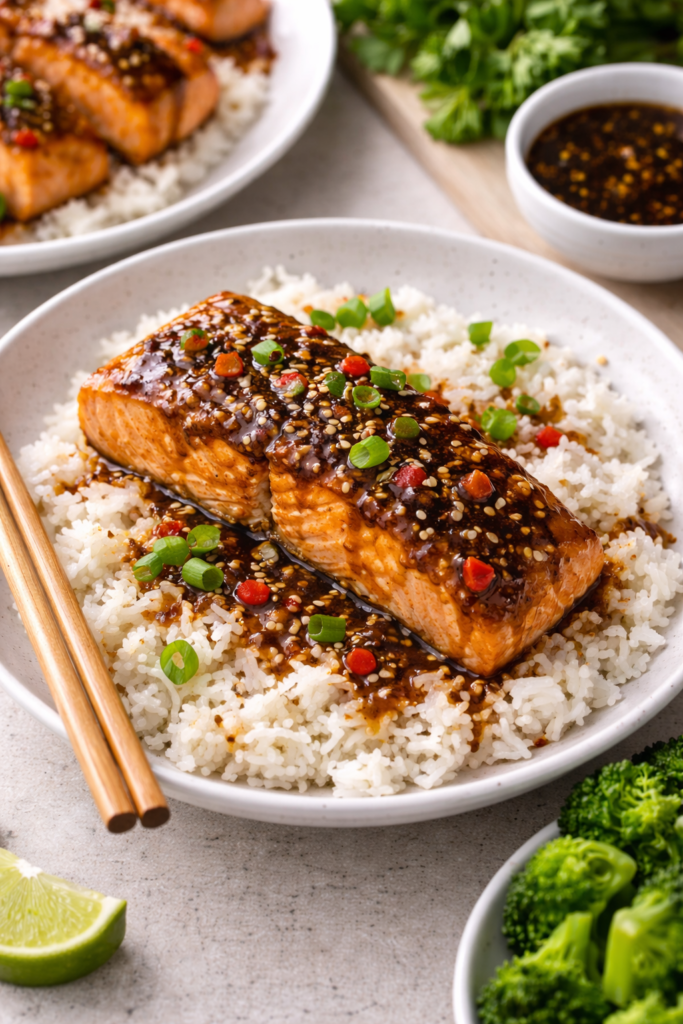 Teriyaki glazed salmon served over white rice with sesame seeds and green onions